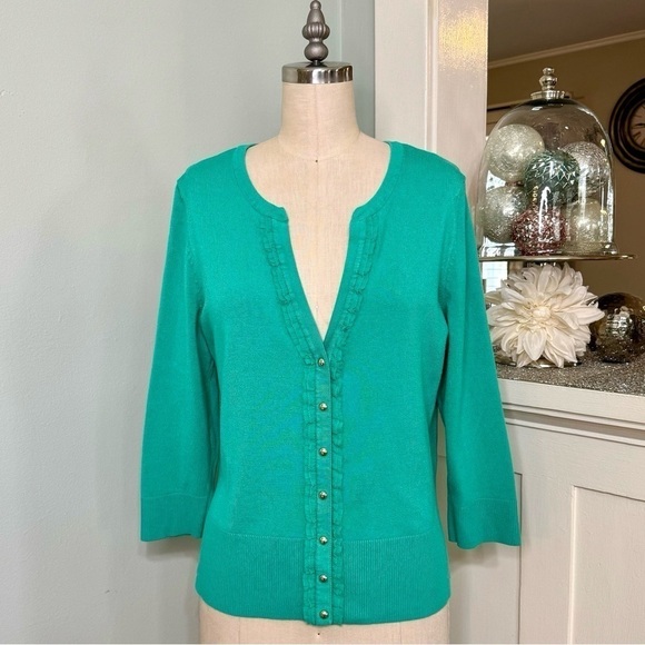 White House Black Market Green Snap Sweater Cardigan Ruffled Lace Trim Large - Picture 4 of 11